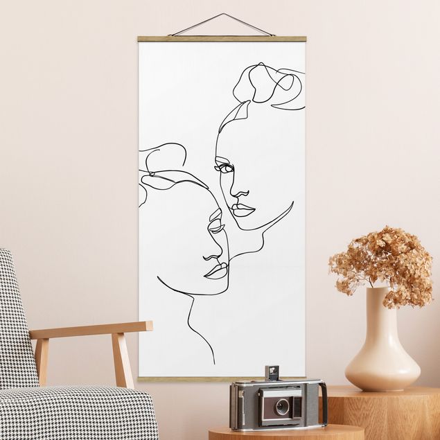 Quadro su tessuto con stecche per poster - Line Art Faces donne Bianco e nero - Verticale 2:1