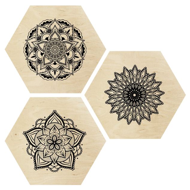 Esagono in legno - Mandala Fiore Sun Set di illustrazione Bianco e nero