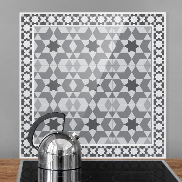 Paraschizzi cucina mosaico  Piastrelle geometriche Caleidoscopio grigio con bordo