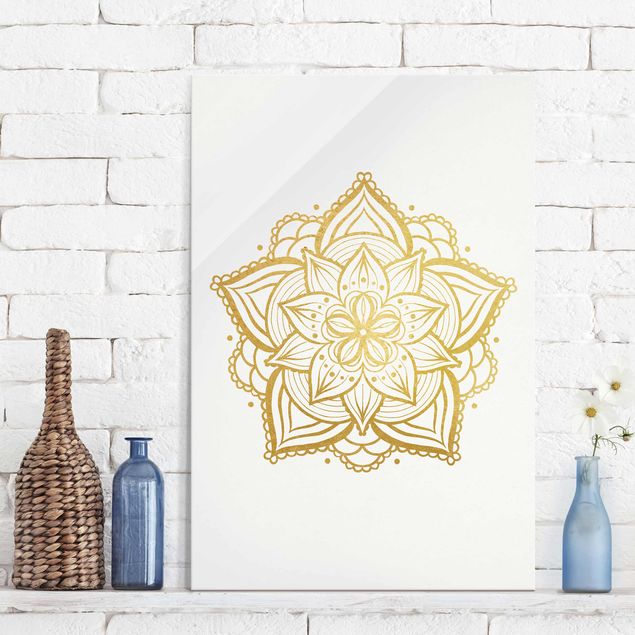 Quadri in vetro spirituali Mandala Floreale - Illustrazione Oro Bianco