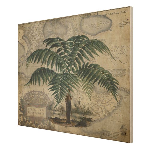 Quadri in legno vintage Collage vintage - Palma e mappa del mondo