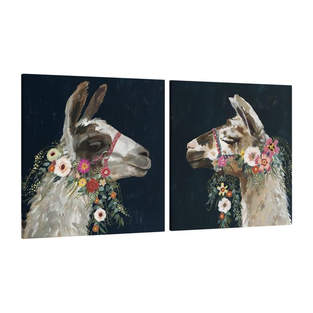 Quadri su tela animali Lama con decorazioni floreali Set I