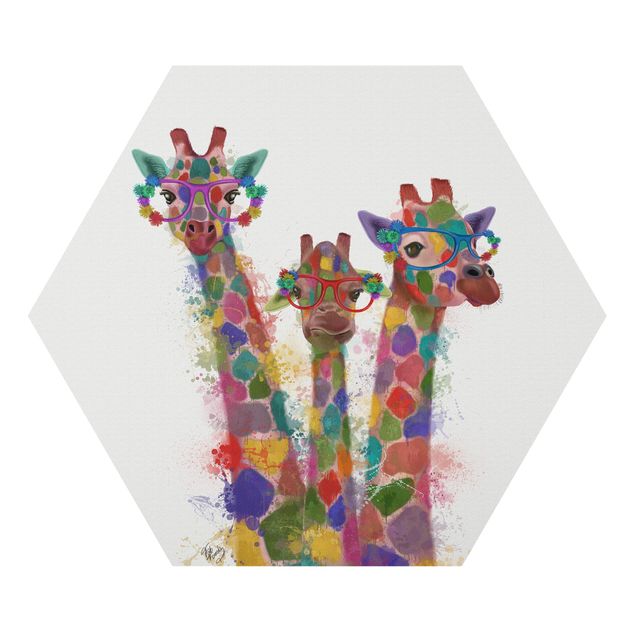 Quadro colorato Trio di giraffe con schizzi arcobaleno