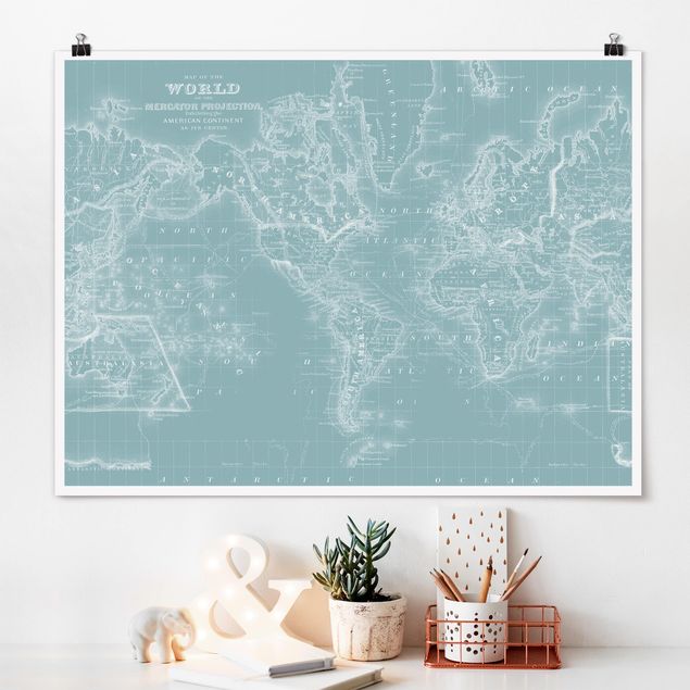 Poster - Mappa del mondo in Blue Ice - Orizzontale 3:4