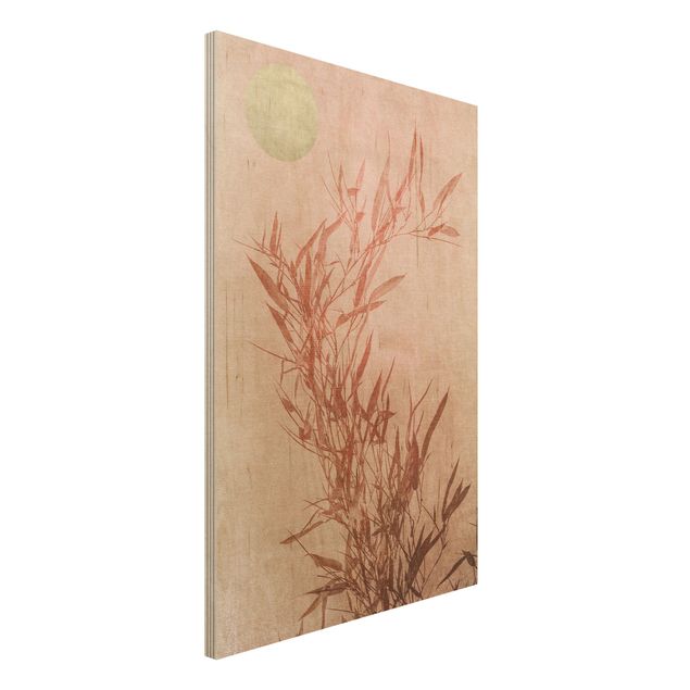 Quadri in legno con paesaggio Bambù rosa sole dorato