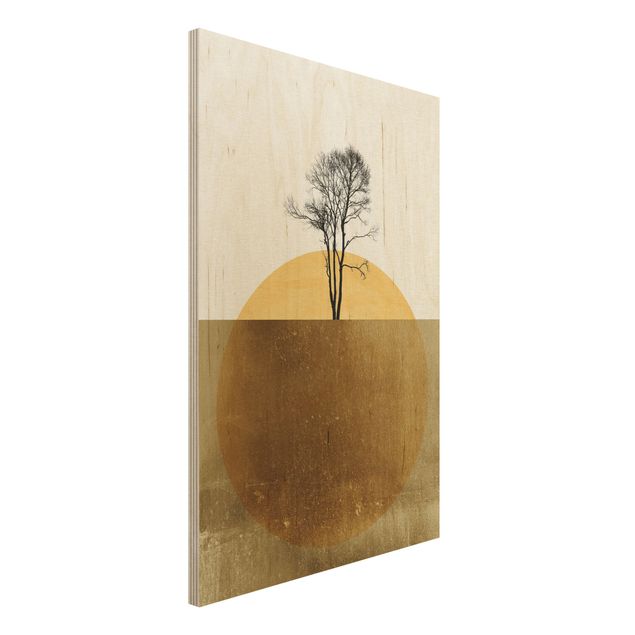 Quadri in legno con paesaggio Sole d'oro con albero