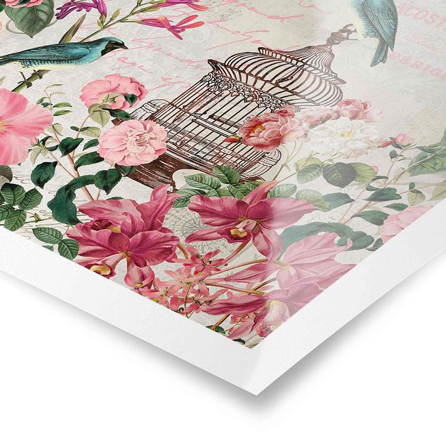 Quadri Andrea Haase Collage Shabby Chic - Fiori rosa e uccelli blu