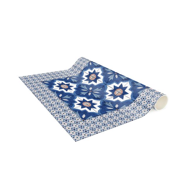 Tappeti moderni Piastrelle marocchine acquerello blu con cornice di piastrelle