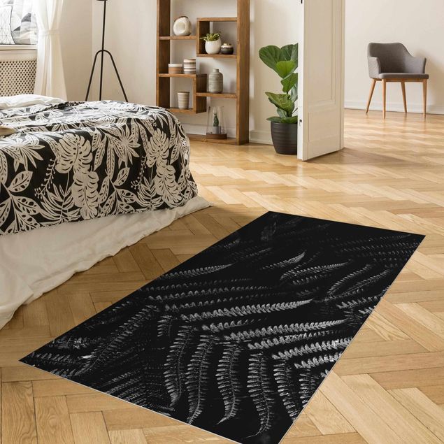 tappeto moderno Felce botanica in bianco e nero
