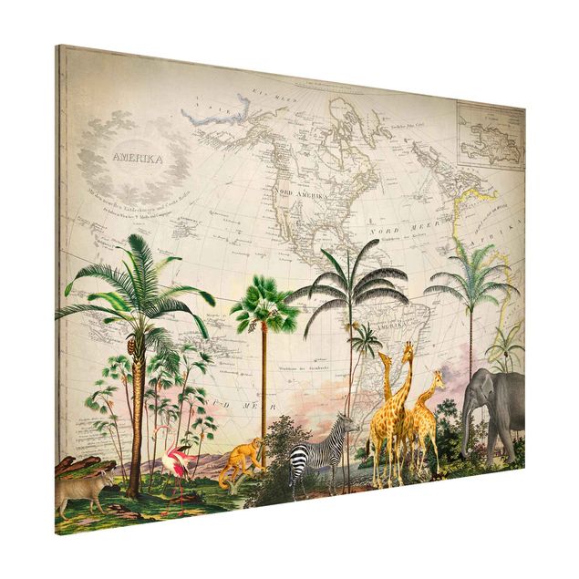 Lavagne magnetiche con fiori Collage vintage - Animali selvatici sulla mappa del mondo