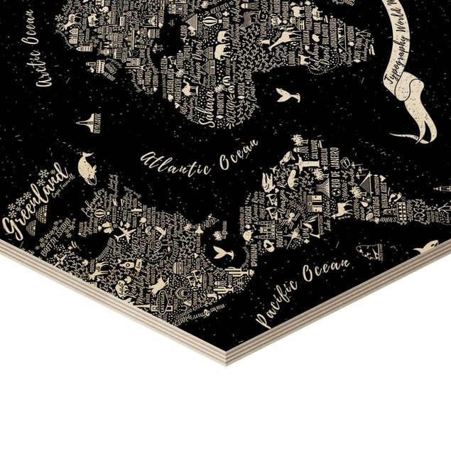 Esagono in legno - Tipografia Mappa del mondo nero