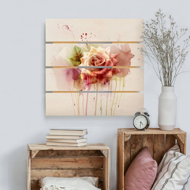 Quadri in legno con fiori Rosa acquerello