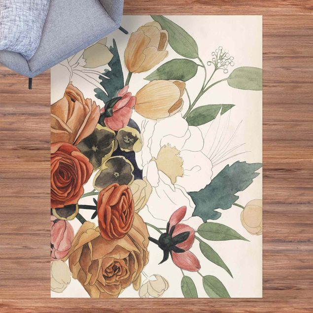 tappeto design moderno Disegno di bouquet di fiori in rosso e seppia II