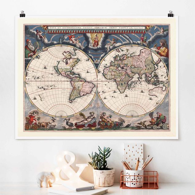 Poster retro Mappa storica del mondo Nova Et Accuratissima del 1664
