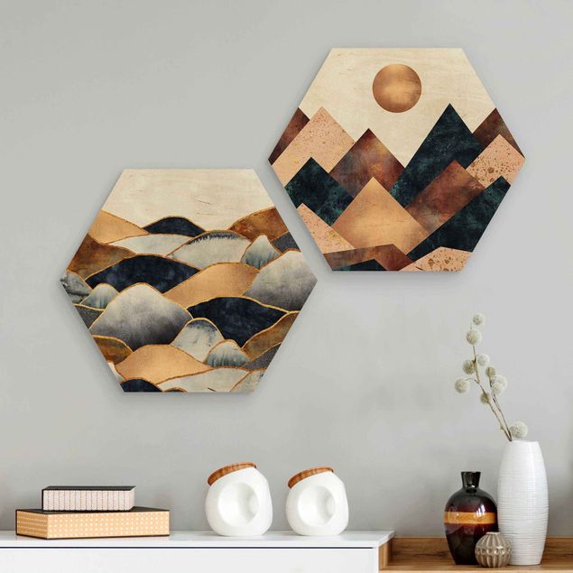 Quadri in legno con disegni Geometrico e montagne dorate Acquerello