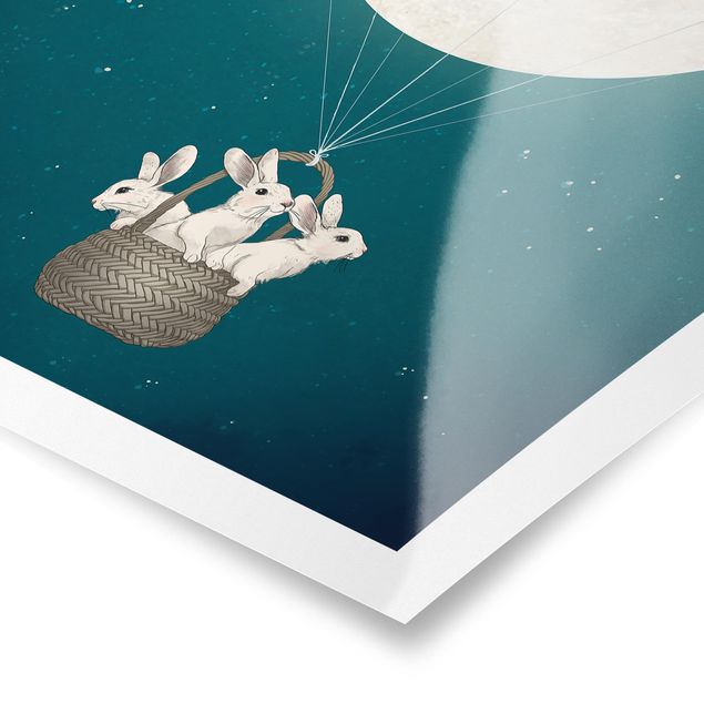 Stampe Illustrazione - Conigli e luna come mongolfiera cielo stellato