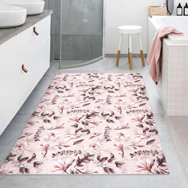 tappeti da esterno Fiori con foglie grigie di fronte al rosa