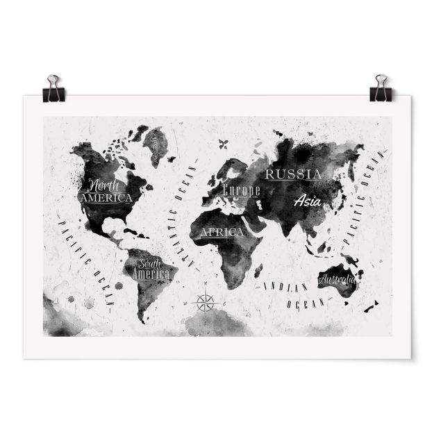 Poster in bianco e nero Mappa del mondo Acquerello Nero