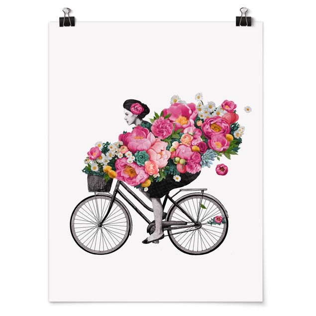 Quadro rosa Illustrazione - Donna in bicicletta - Collage di fiori colorati