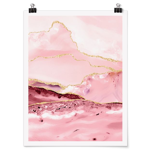 Riproduzioni quadri famosi Montagne astratte rosa con linee dorate
