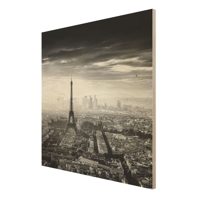 Quadri su legno La Torre Eiffel dall'alto in bianco e nero