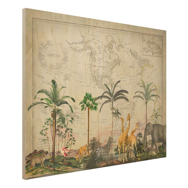 Quadri in legno vintage Collage vintage - Animali selvatici sulla mappa del mondo