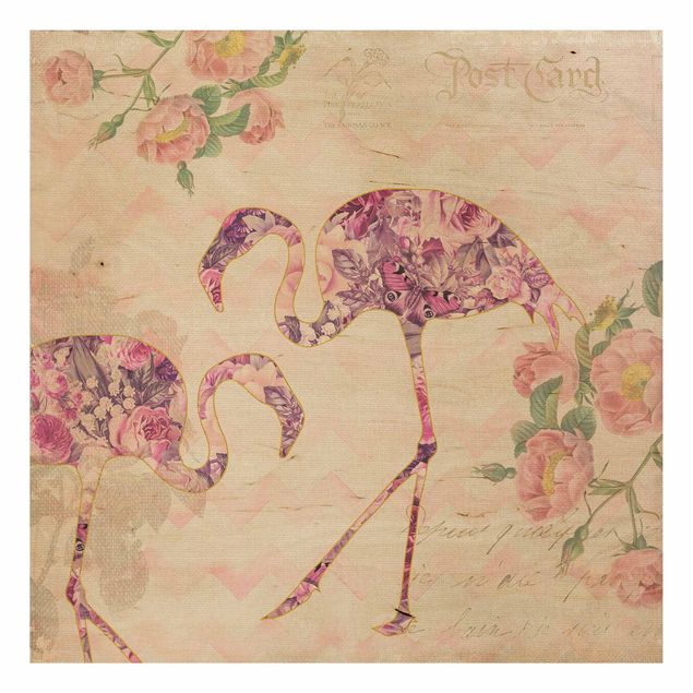 Quadri in legno con fiori Collage vintage - Fenicotteri con fiori rosa