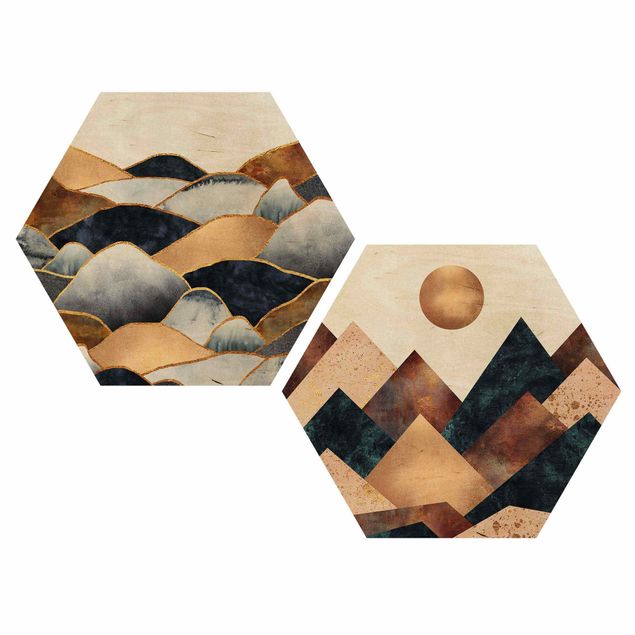 Quadri in legno Geometrico e montagne dorate Acquerello