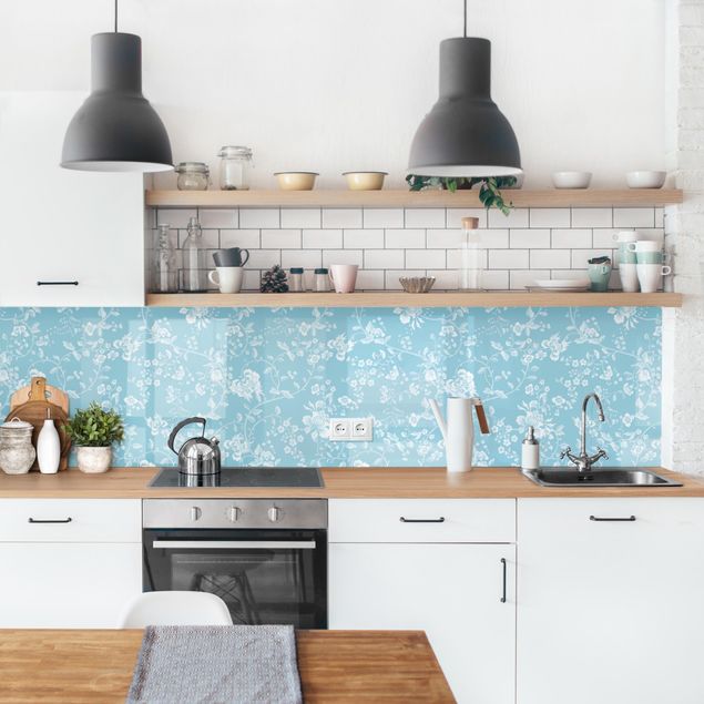 Rivestimento cucina con disegni Viticci di fiori in blu II