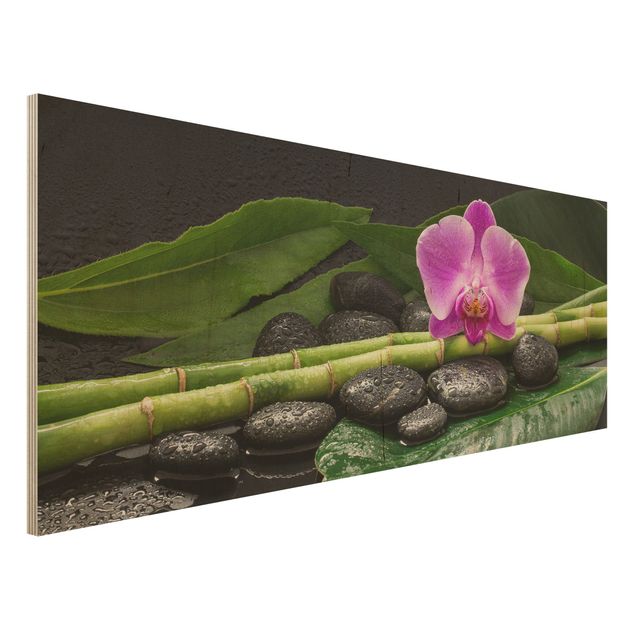Quadri in legno con fiori Bambù verde con fiore di orchidea