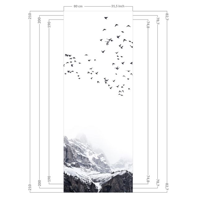 Rivestimento per doccia - Stormo di uccelli davanti a montagne bianco e nero