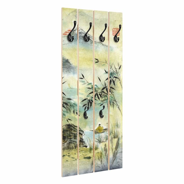 Appendiabiti da parete con pannello Disegno acquerello giapponese Foresta di bambù