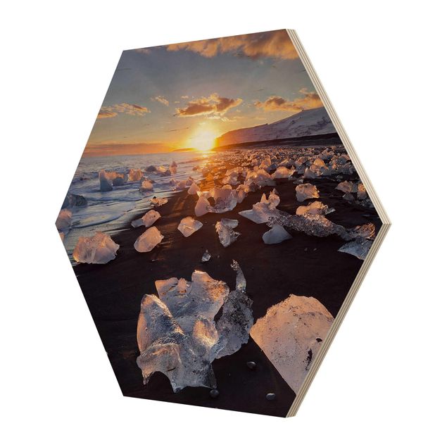 Esagono in legno - Pezzi di ghiaccio Sulla Spiaggia Islanda