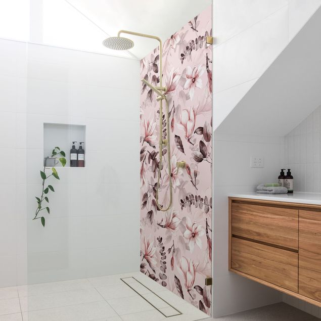 Rivestimento per doccia - Fiori con foglie grige su sfondo rosa
