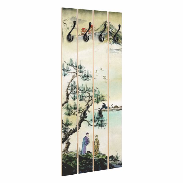 Pannello appendiabiti Disegno acquerello giapponese pino e villaggio di montagna