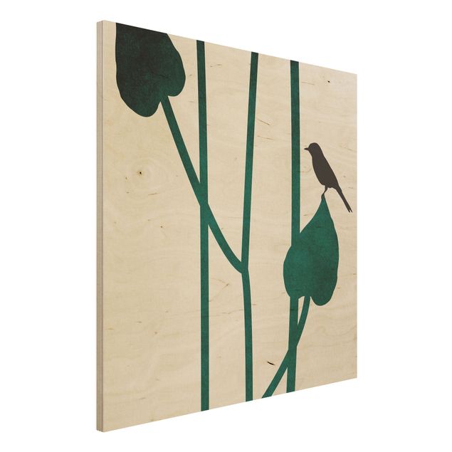 Quadri in legno con fiori Mondo vegetale grafico - Uccello su foglia