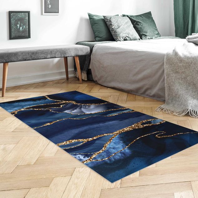 tappeto design moderno Onde glitterate dorate - Sfondo blu