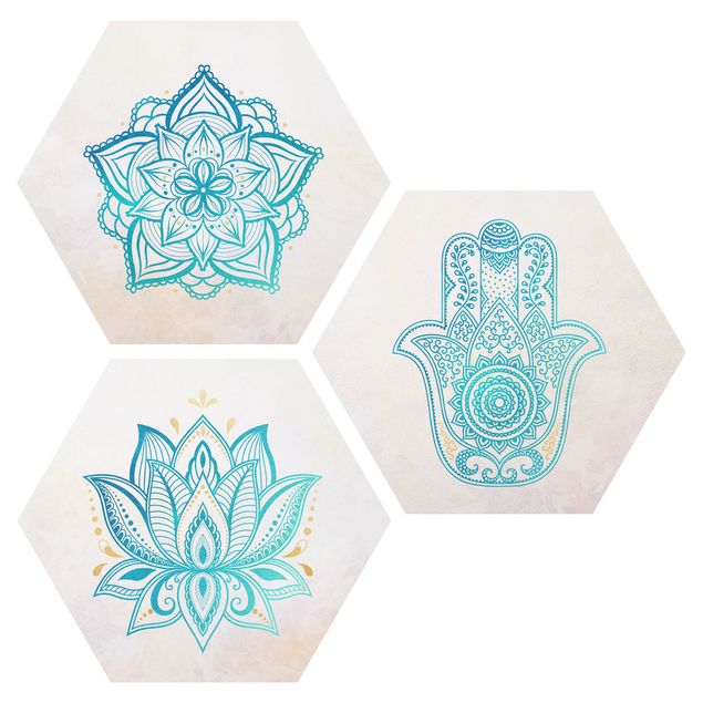 Esagono in forex - Mandala Hamsa mano Lotus Set oro blu