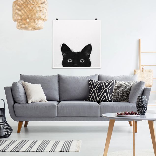 Quadri moderni bianco e nero Illustrazione - Gatto nero su pittura bianca