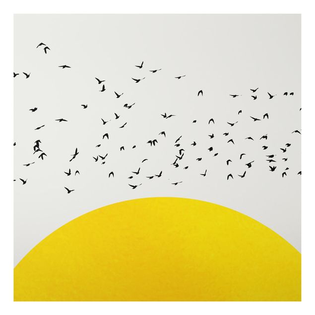 Quadri moderni   Stormo di uccelli di fronte al sole giallo
