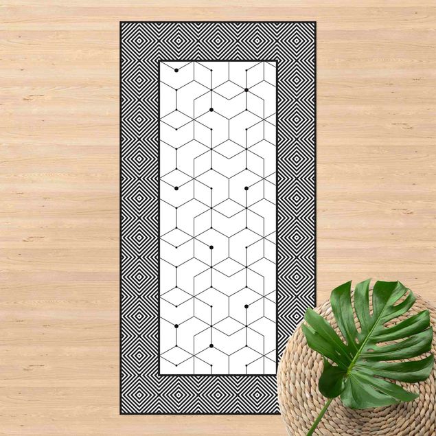 tappeti per balcone Piastrelle geometriche linee tratteggiate bianco e nero con bordo