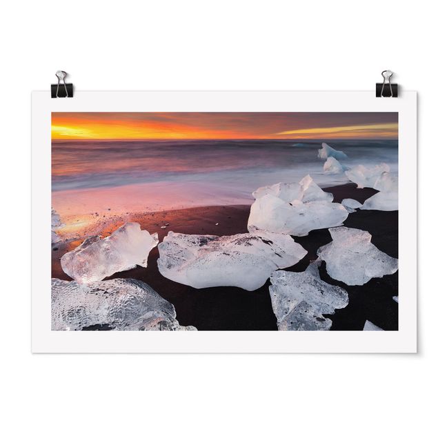 Poster spiaggia mare Pezzi di ghiaccio nella laguna del ghiacciaio Jökulsárlón Islanda