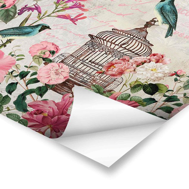 Quadri Collage Shabby Chic - Fiori rosa e uccelli blu