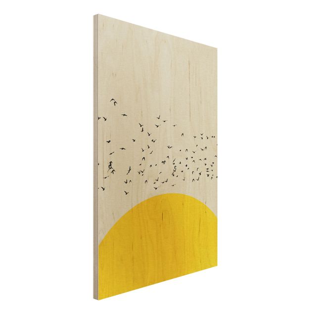 Quadri in legno con paesaggio Stormo di uccelli di fronte al sole giallo