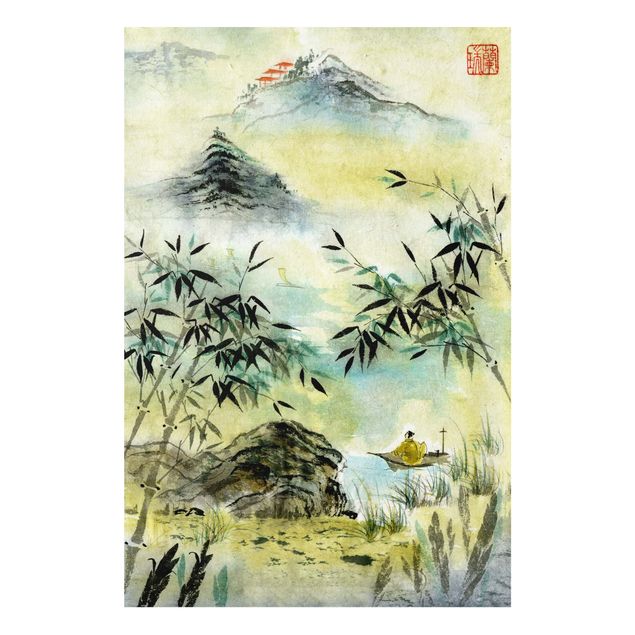 Quadro paesaggio Disegno acquerello giapponese Foresta di bambù