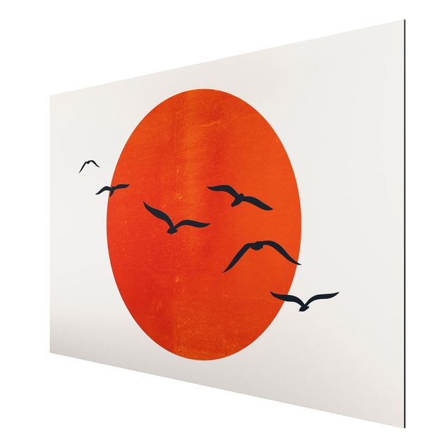 Riproduzioni quadri Stormo di uccelli di fronte al sole rosso I