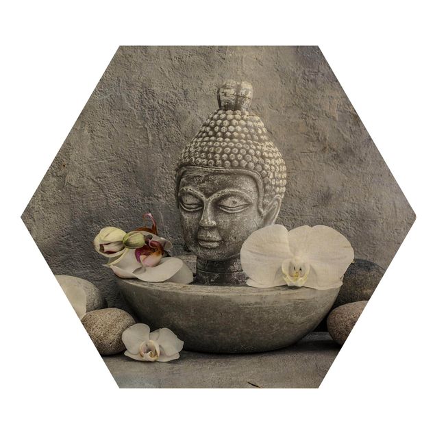 Quadro grigio Buddha Zen, orchidea e pietra