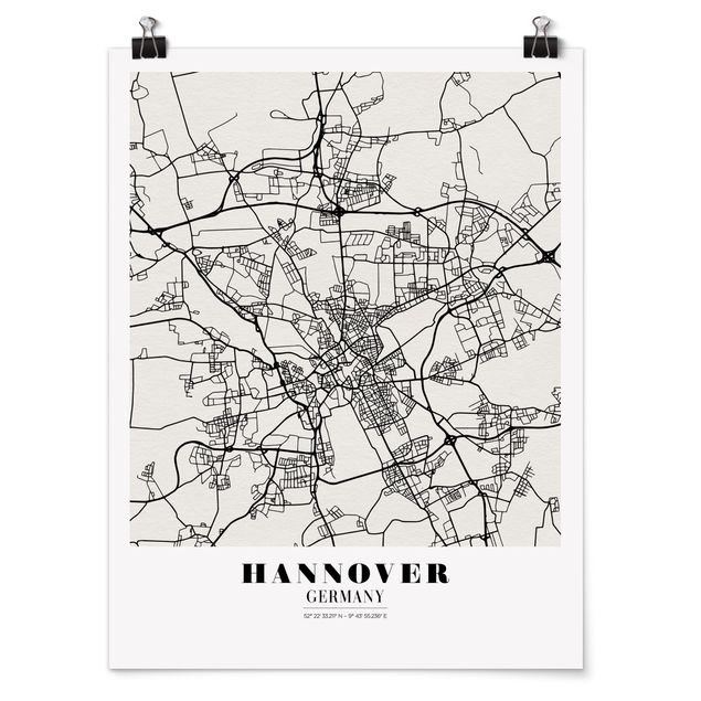 Poster in bianco e nero Mappa di Hannover - Classica