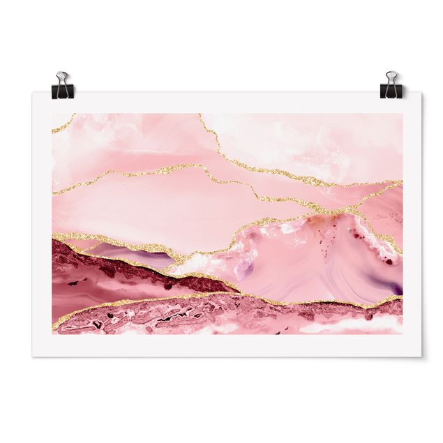 Riproduzione quadri famosi Montagne astratte rosa con linee dorate
