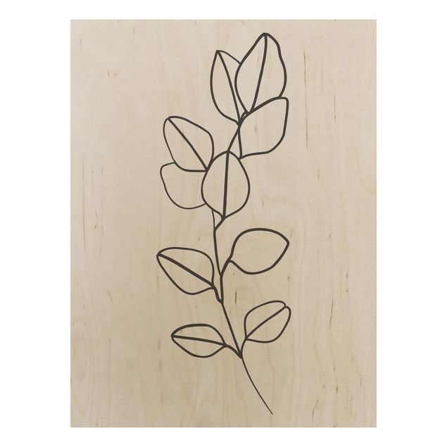 Quadri in legno con fiori Line Art - Ramo di foglie in bianco e nero